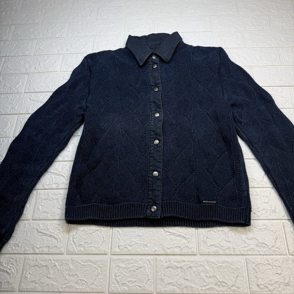 Blue Willis Denmark Indigo Knit Pointelle Cardigan Jacket Womens Medium Blue
